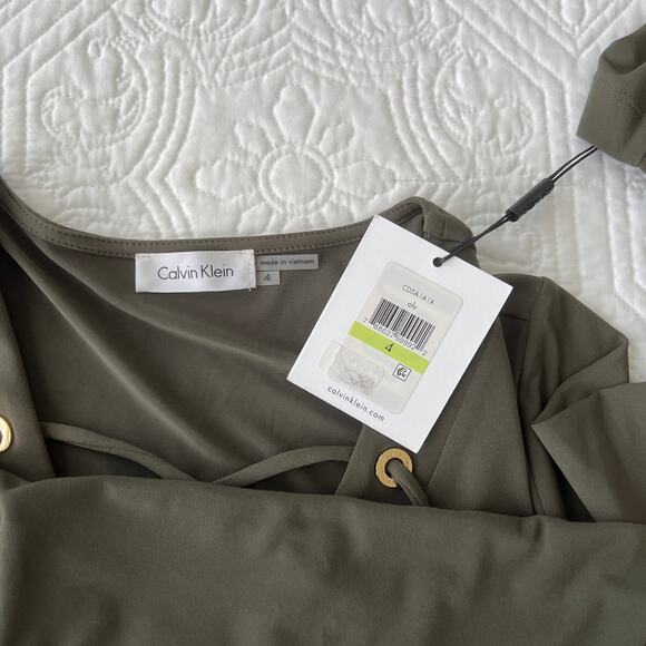Calvin Klein Lace Up Long Sleeve Dress Soft Slinky Packable 4 Olive Green NWT - Picture 6 of 7
